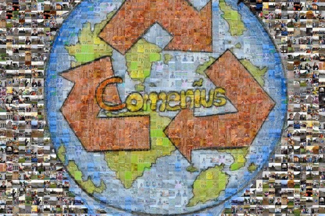 Illustration eines Globus mit Recycling Icon und Comenius Schriftzug auf einer Collage aus Fotos