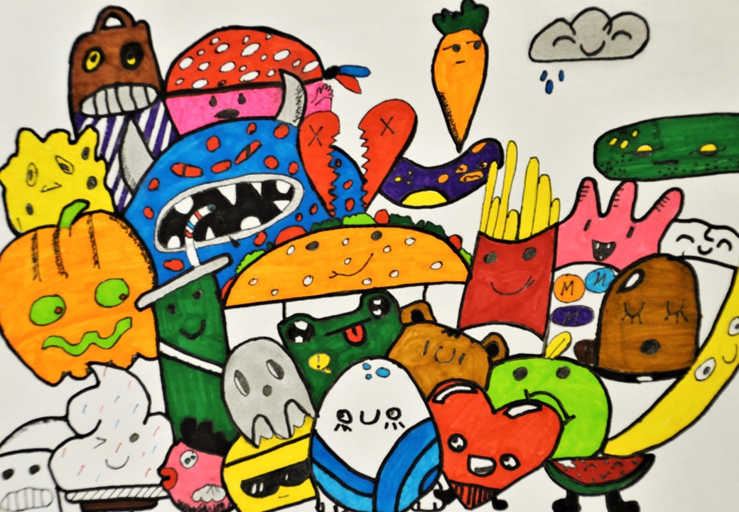 Doodles abstrakter bunter Figuren mit Filzstift und Wasserfarben