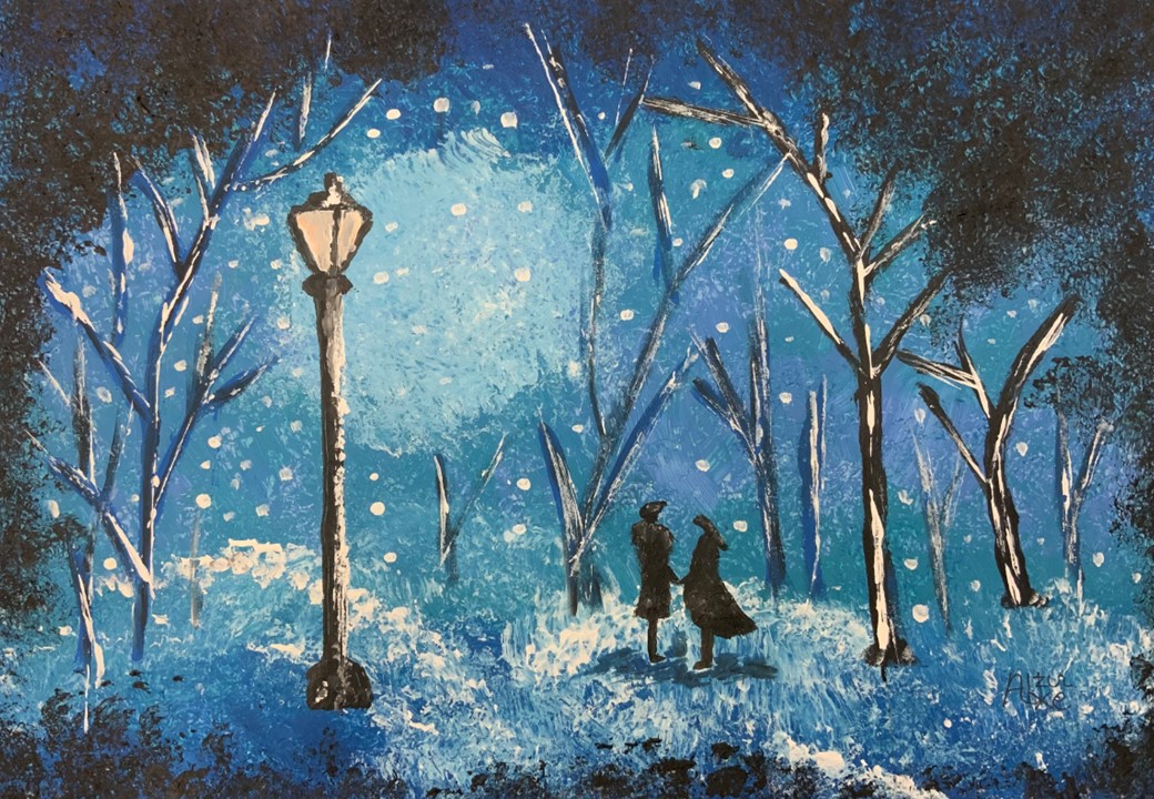 Impressionistische Acrylmalerei zeigt einen blauen Wald am Abend ein Paar steht Händchen haltend unter einer Straßenlaterne