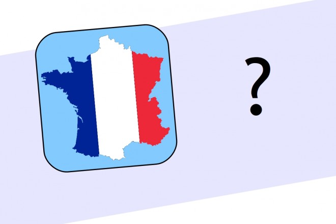 Karte Frankreichs in Blau-Weis-Rot mit Fragezeichen