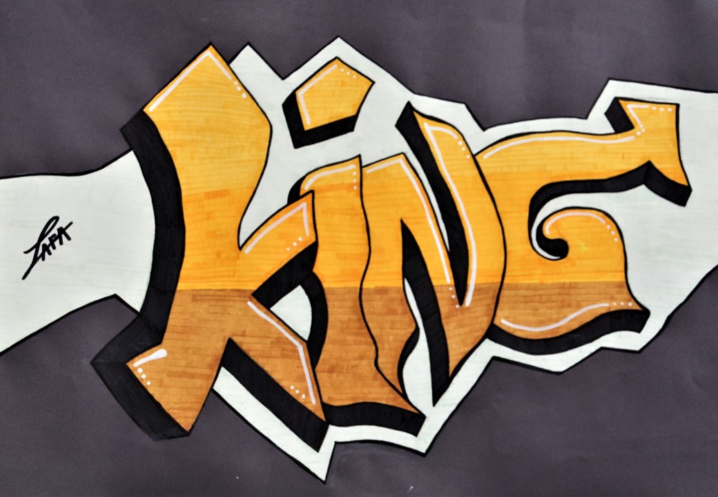 King Schriftzug als Graffiti mit Filzstift auf Papier