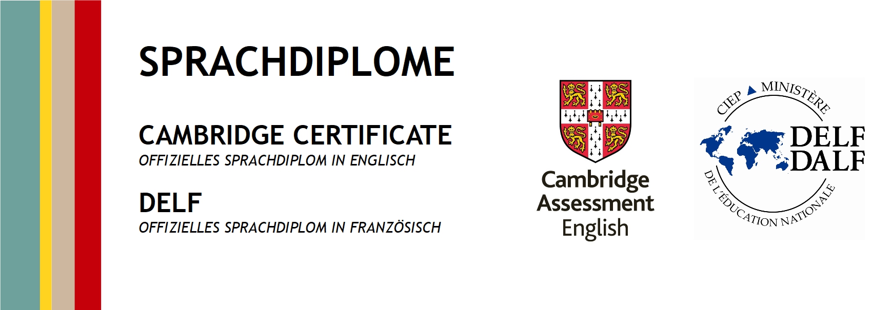 Logos der Sprachzertifikate Cambridge Assessment und DELF