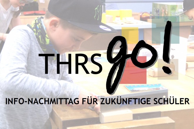 Schrift THRS-Go auf Bild von Jungen mit Saege