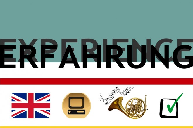 Schriftzug Erfahrung über Union Jack Computer Icon Posaune und Checkmark Schriftzug Erfahrung über Union Jack Computer Icon Posaune und Checkmark