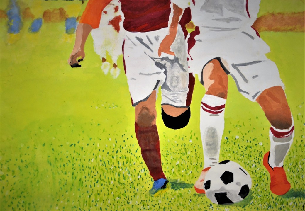 Wasserfarben Gemälde zeigt zwei Fußballer auf dem Rasen im Zweikampf um den Ball
